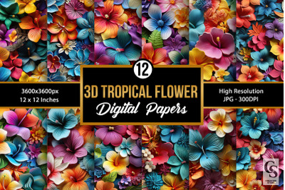 Colorful Tropical 3d Flowers Seamless Patterns