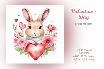 Valentine bunny watercolor illustration, greeting card. Love.