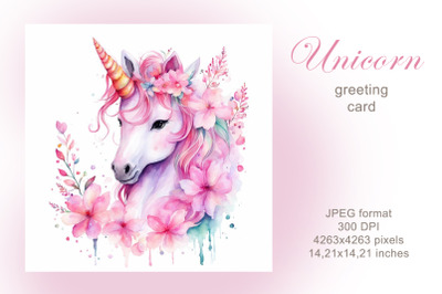 Pink unicorn watercolor illustration&2C; greeting card. Birthday.