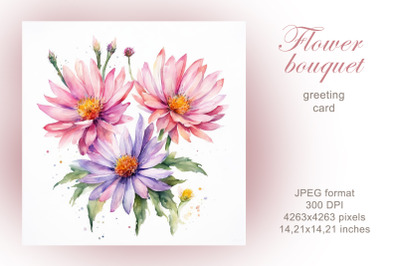 Flowers bouquet watercolor greeting card, illustration.