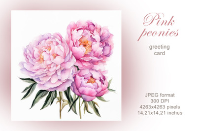 Pink peonies bouquet watercolor illustration, greeting card.
