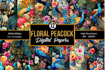 Cute Floral Peacock Digital Papers