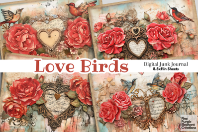 Romantic Valentine Birds Digital Junk Journal Double Pages