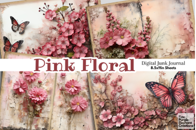 Pink Floral Butterfly Digital Junk Journal Double Pages