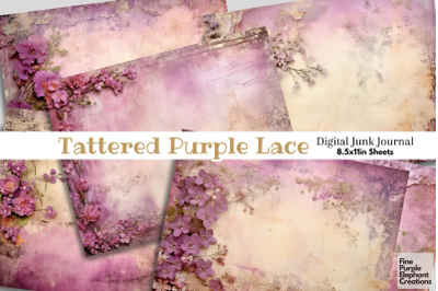 Vintage Tattered Purple Lace Digital Junk Journal Double Pages Paper