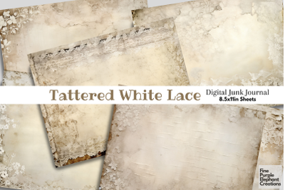 Vintage Tattered White Lace Digital Junk Journal Double Pages Paper