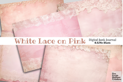 Tattered White Lace on Pink Digital Junk Journal Double Pages Paper