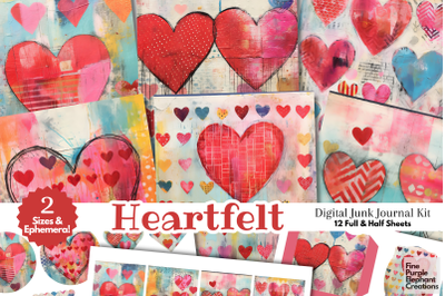 Fun Valentine Hearts Digital Junk Journal Kit Half Pages Whimsical