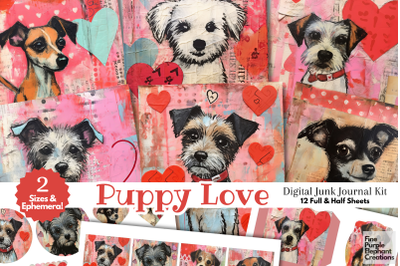 Puppy Dog Valentine Digital Junk Journal Kit Half Page Whimsical Paper