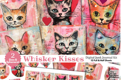 Kitten Cat Valentine Digital Junk Journal Kit Half Pages Whimsical