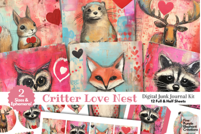 Woodland Animals Valentine Digital Junk Journal Kit Half Pages Paper