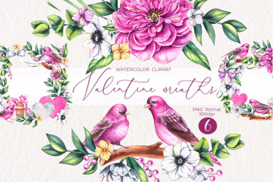 Watercolor Valentine birds wreaths PNG