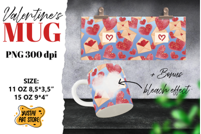 Valentine sublimation mug. Heart design and bleach effect