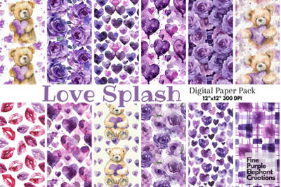 Cute Purple Valentine Heart Watercolor Digital Paper