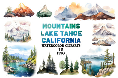Lake Tahoe Mountains Watercolor Clipart