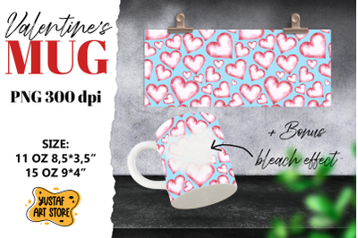 Valentine sublimation mug.Watercolor heart and bleach effect