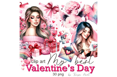 Girls Valentine Clipart Set, Digital Art Downloads