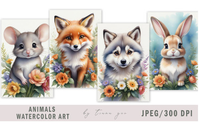 Cute floral animal illustrations for prints- 4 JPEG