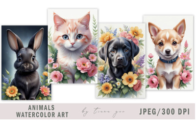 Cute floral animal illustrations for prints- 4 JPEG