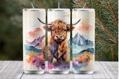 Highland cow watercolor style 20 oz tumbler wrap