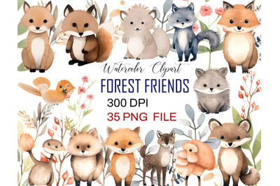 Watercolor Forest Friends Clipart Bundle