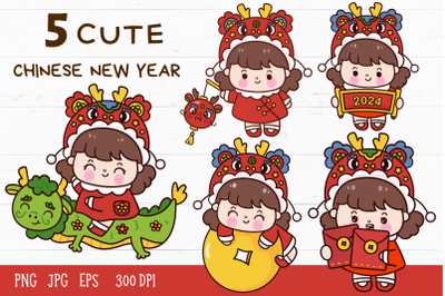 Chinese new year Cute girl: Year of dragon kawaii clipart