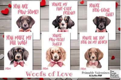 Printable Kids Dog Puppy Valentine Digital Teacher Watercolor Cards
