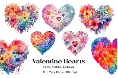 Watercolor Rainbow Valentine Day Hearts PNG
