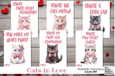 Printable Kids Cat Kitten Valentine Paper Teacher Watercolor Cards