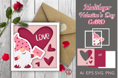 Multilayer card with a gnome for Valentine&#039;s Day.