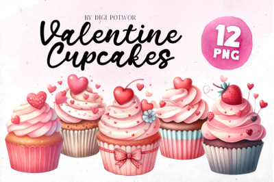Cute Watercolor Valentine Cupcakes Bundle | PNG cliparts