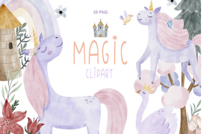 Watercolor magic unicorn clipart PNG