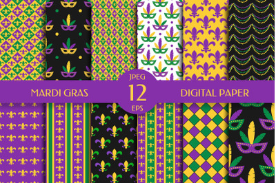 Mardi Gras Digital Paper Bundle. Carnival Seamless Patterns