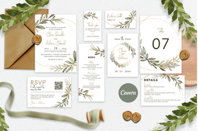 Watercolor Gold Leaf Wedding Invitation Set Canva Template