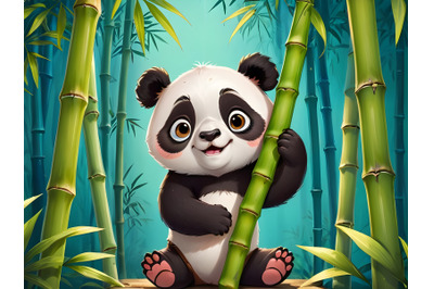 Illustration curious panda on stem of the bamboo