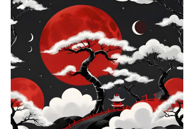 Design red white black with tress and The Moon