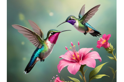 Two hummingbird bird with pink flower