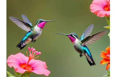 Two hummingbird bird with pink flower