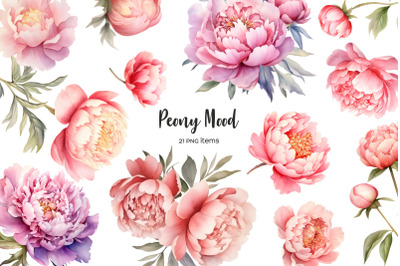 Watercolor peony clipart. Peony blossom, branches and leaves watercolor clip art. Peonies compositions PNG. Watercolor pink flowers peonies clipart.