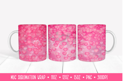 Hot Pink Hearts Mug Sublimation Design. Valentines Mug Wrap