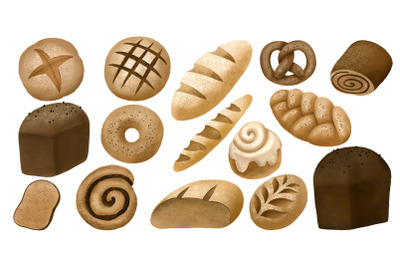 Set of fresh breads. Breads and pastry isolated clipart. Whole grain