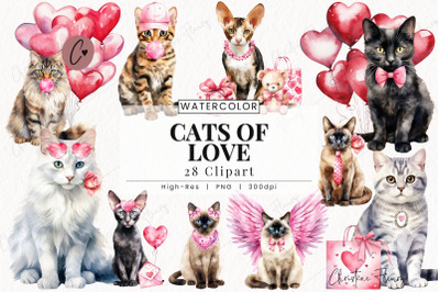 Watercolor Valentine Cats of Love PNG