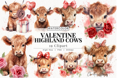 Watercolor Valentine Highland Cows PNG