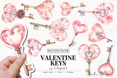 Watercolor Valentine Keys Clipart