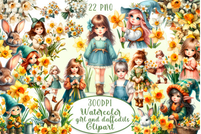 Easter girl and daffodils set clipart