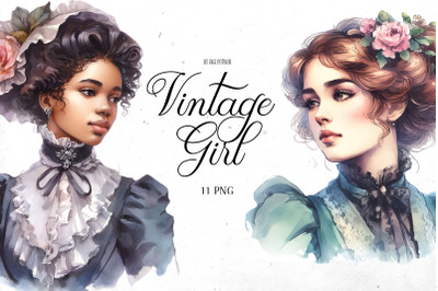 Watercolor Vintage Girl Bundle | PNG cliparts
