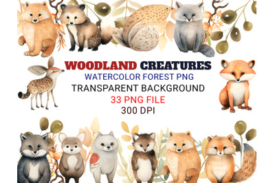 Woodland Creatures Watercolor Forest PNG