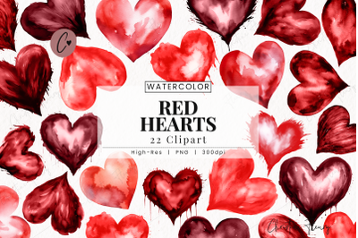 Watercolor Red Hearts Clipart