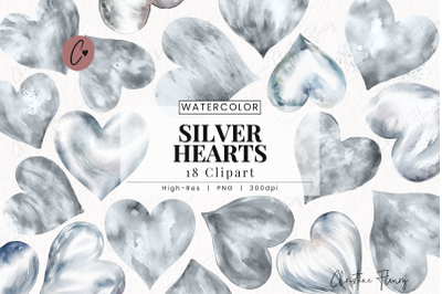 Watercolor Silver Hearts Clipart