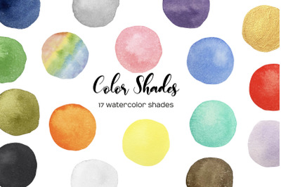 Watercolor color shades clipart. Color circles clipart. List of colors set. Color names PNG. Color blast. 17 main colors watercolor circles.